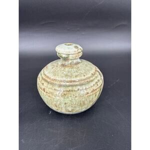 Handmade Studio Pottery Jar w/ Stopper Green Mottled Glaze Signed Art Vase